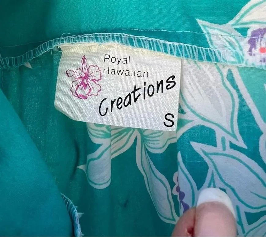 Vintage Royal Hawaiian Creations teal white tropical hibiscus ruffle hem dress Blue - Image 5