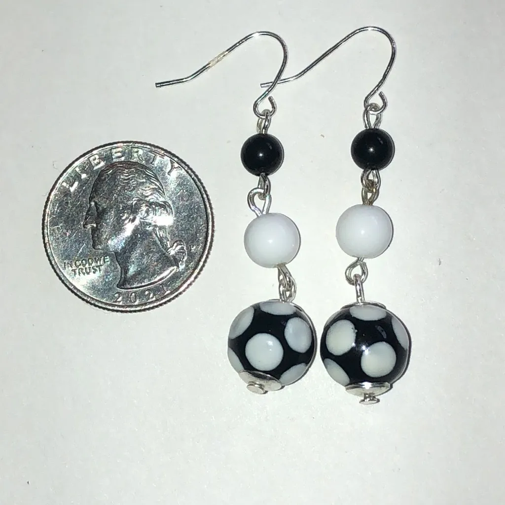 Black and White Polka Dot Beaded Ball Drop Boho Earrings - Image 3