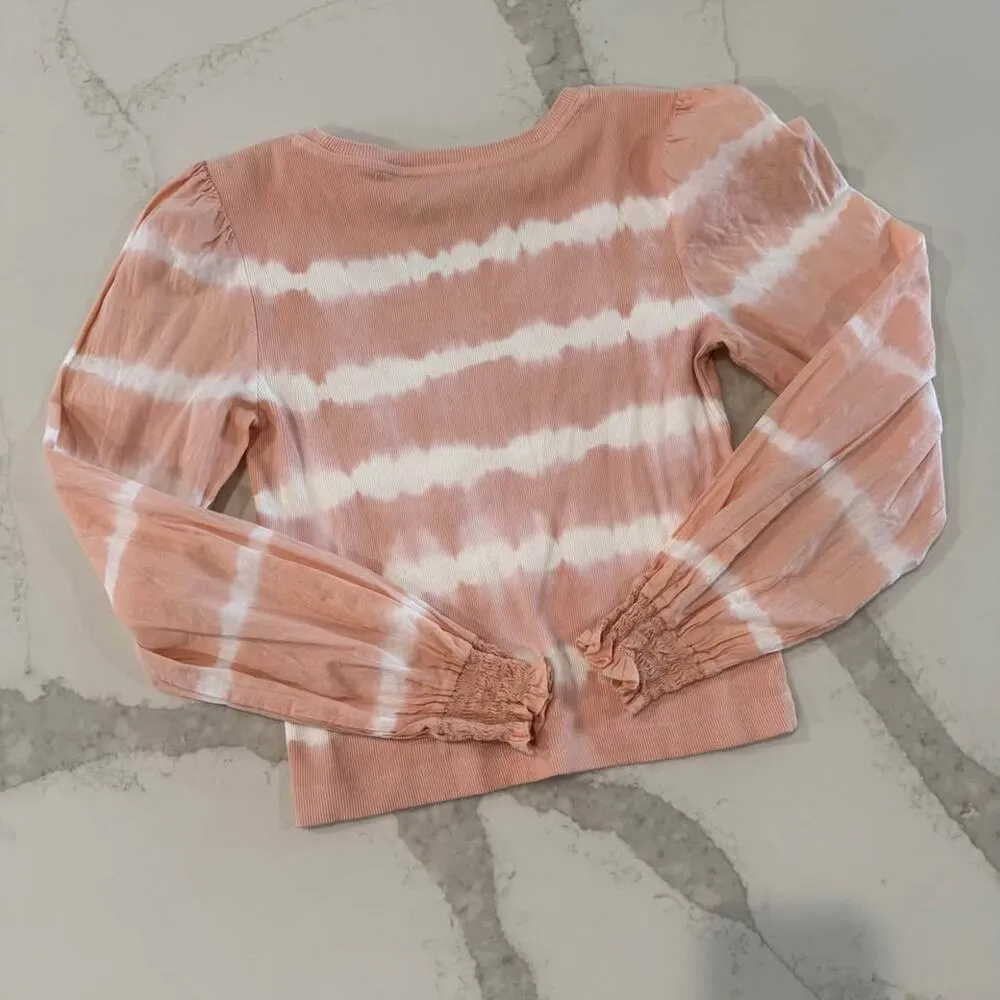 DKNY Long Sleeve Pink Tie-Dye Ribbed Top Women's Small Scoop Neck Smocked Cuffs - Image 6