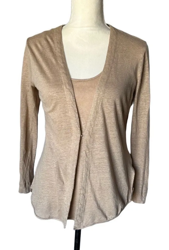 Ecru Cardigan Tank Set Size XS Light Brown Linen Open Front Two Piece Coastal - Image 1