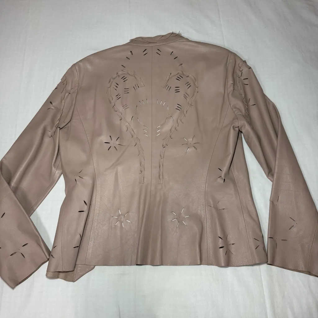 Anne Klein Beige Cut Out 100% Leather Jacket Size Medium Grunge Biker Button - Image 9