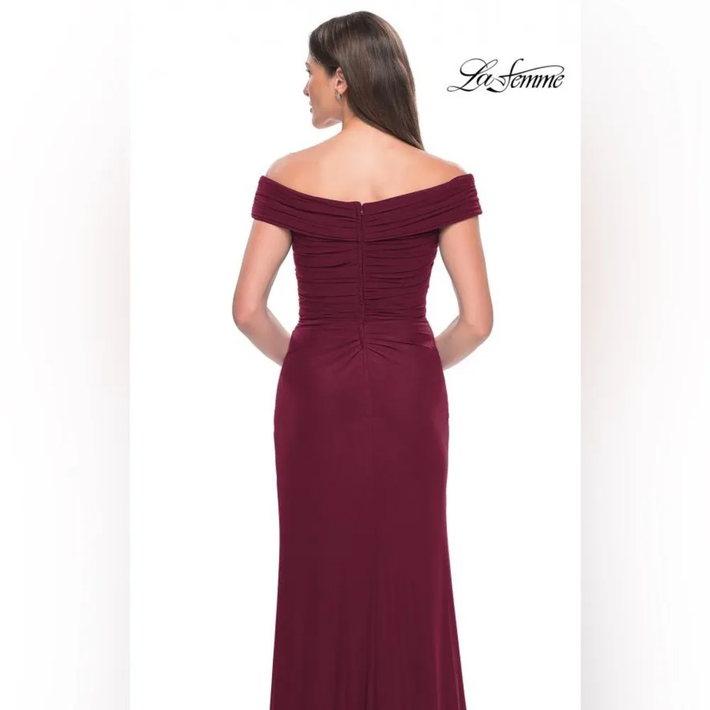 La Femme Off Shoulder Trumpet Gown, Wine color, Size 10, $328 - Image 5