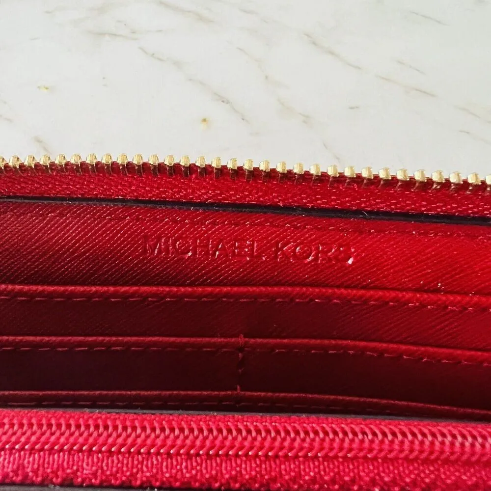 MICHAEL KORS Jet Set Travel Scarlet Leather Three Quarter Zip Continental Wallet - Image 6