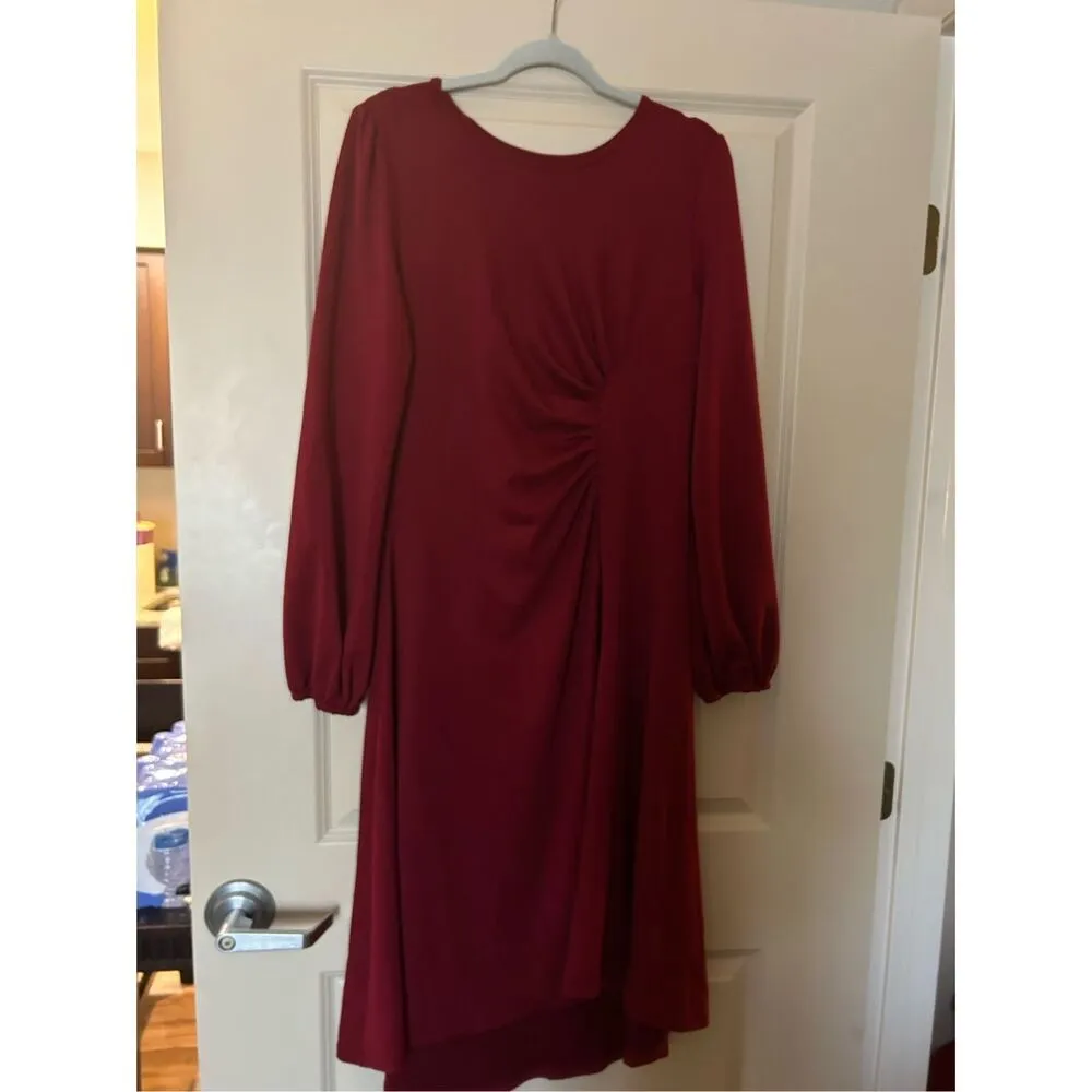 NEW Wine Red Twist Front Lantern Sleeve V Neck Midi Dress Formal XL - Image 4