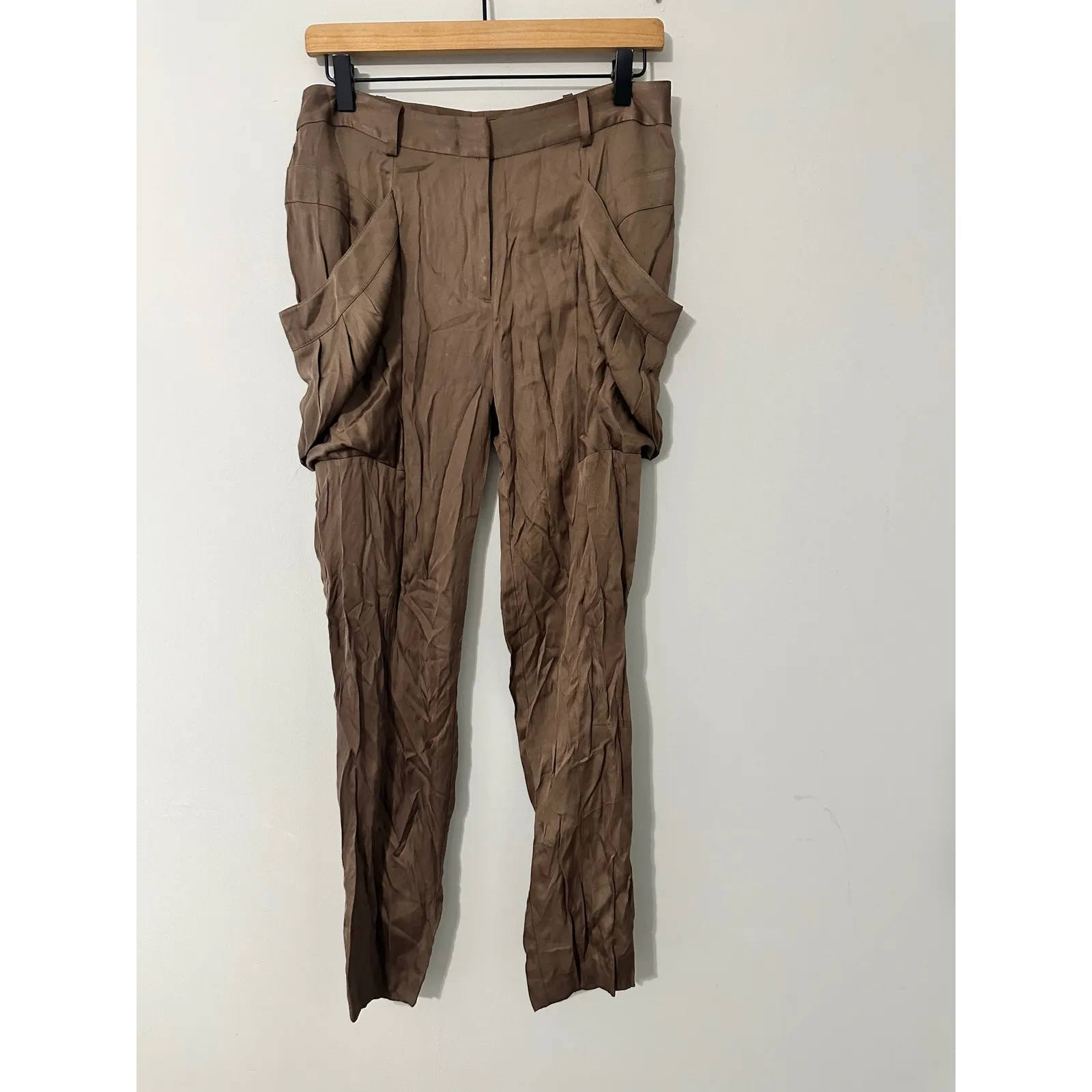 BCBGMAXAZRIA  KEITH DRAPED POCKET SATIN TAILORED PANTS LIGHT‎ JAVA EUC SIZE 4 - Image 5