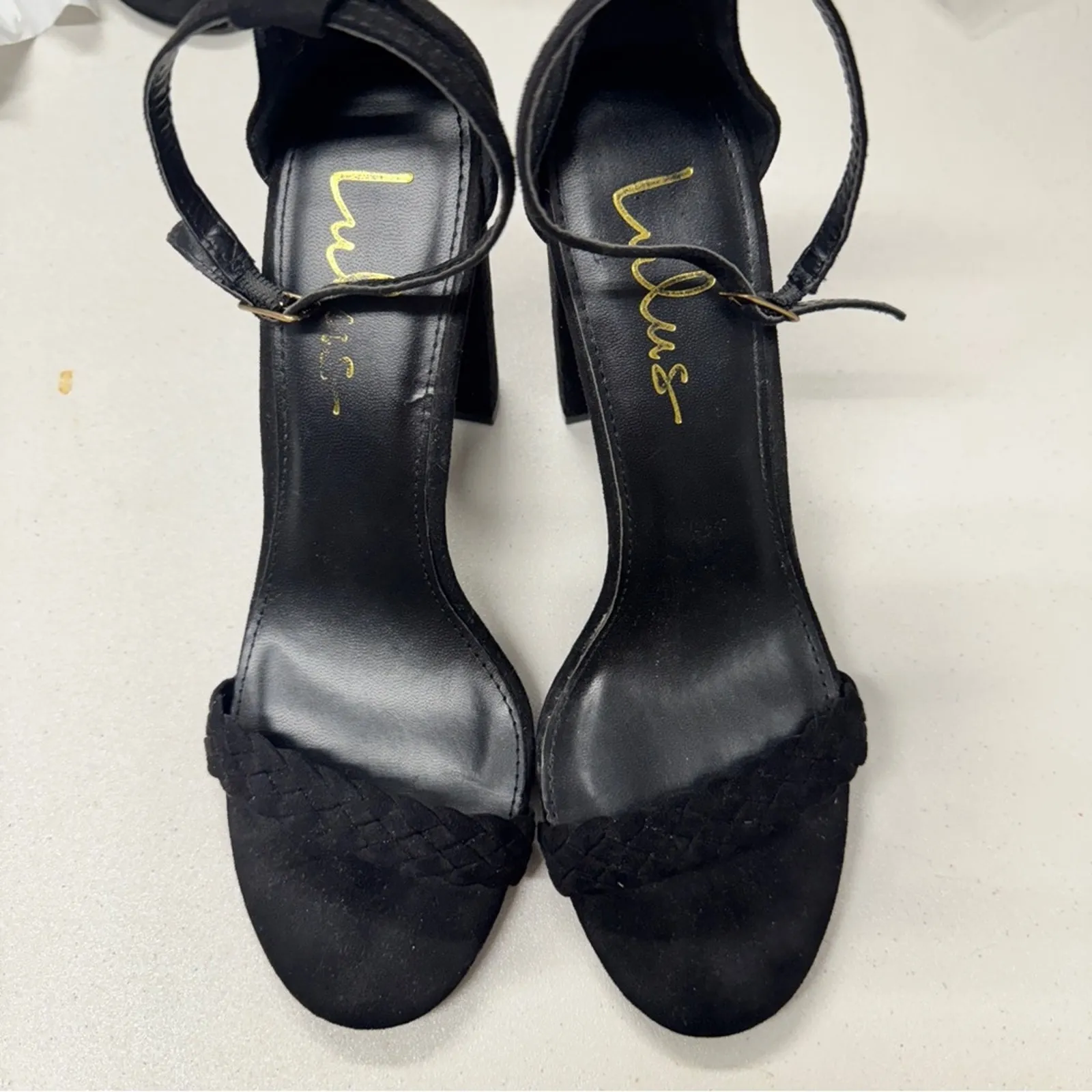 Lulus Black Faux Leather Braided Chunky Heels Womens 8 Peep Toe Classic Pumps - Image 4