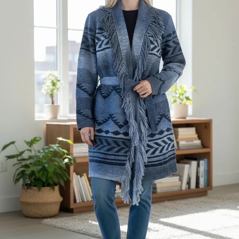 NWT Badgley Mischka Stylish Blue Fringe Cardigan with Geometric Pattern Medium - Image 2