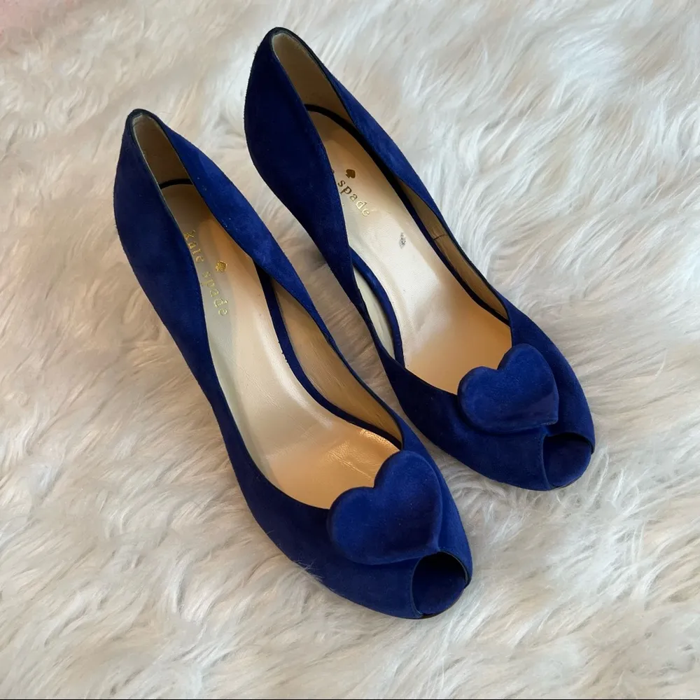 Kate Spade Heels | New York Dreamer Blue Suede Heart Peep Toe Pumps Size 8 1/2 B - Image 3