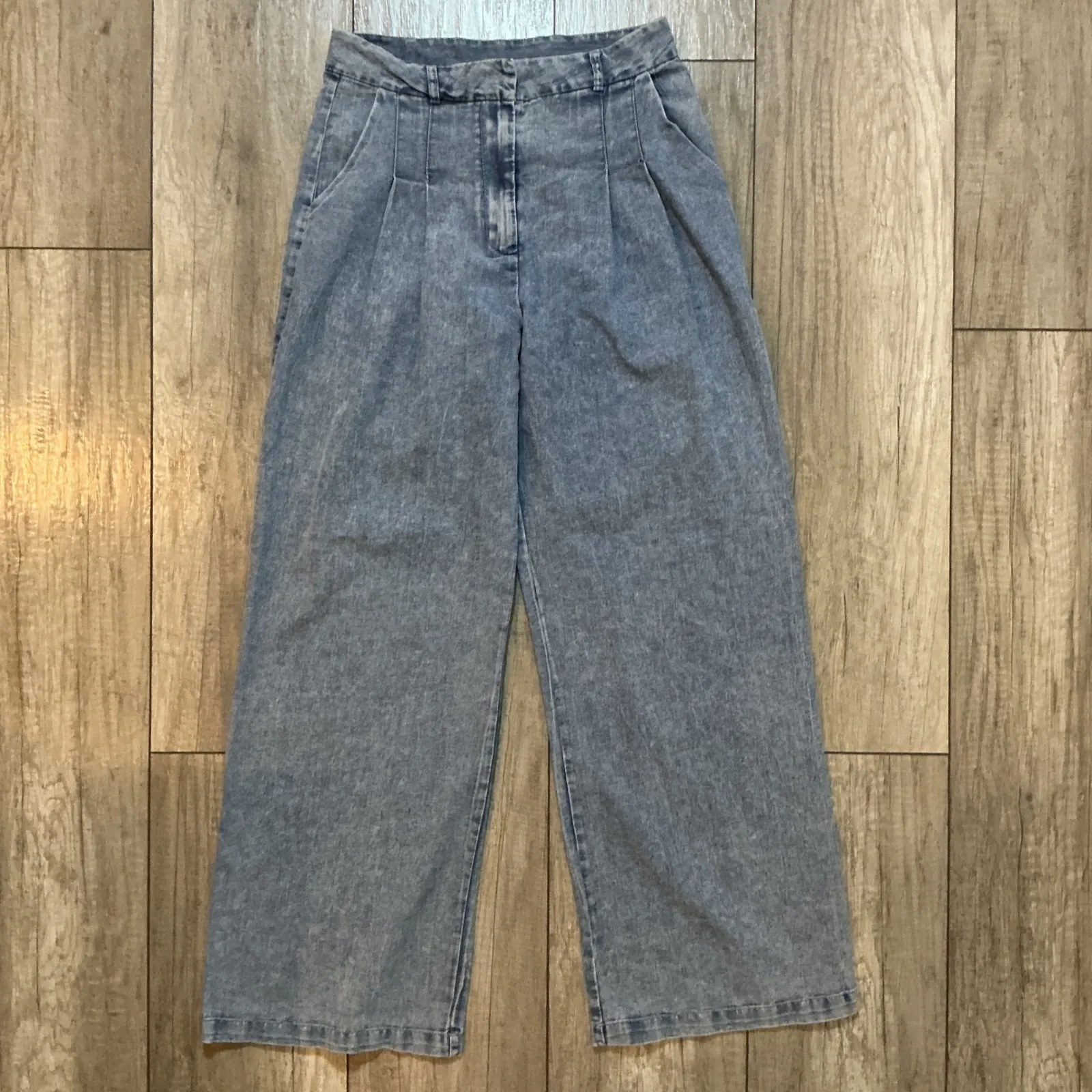 En Creme Wide Leg Jeans Acid Wash Pleated Front High Rise‎ Blue Denim - Image 3