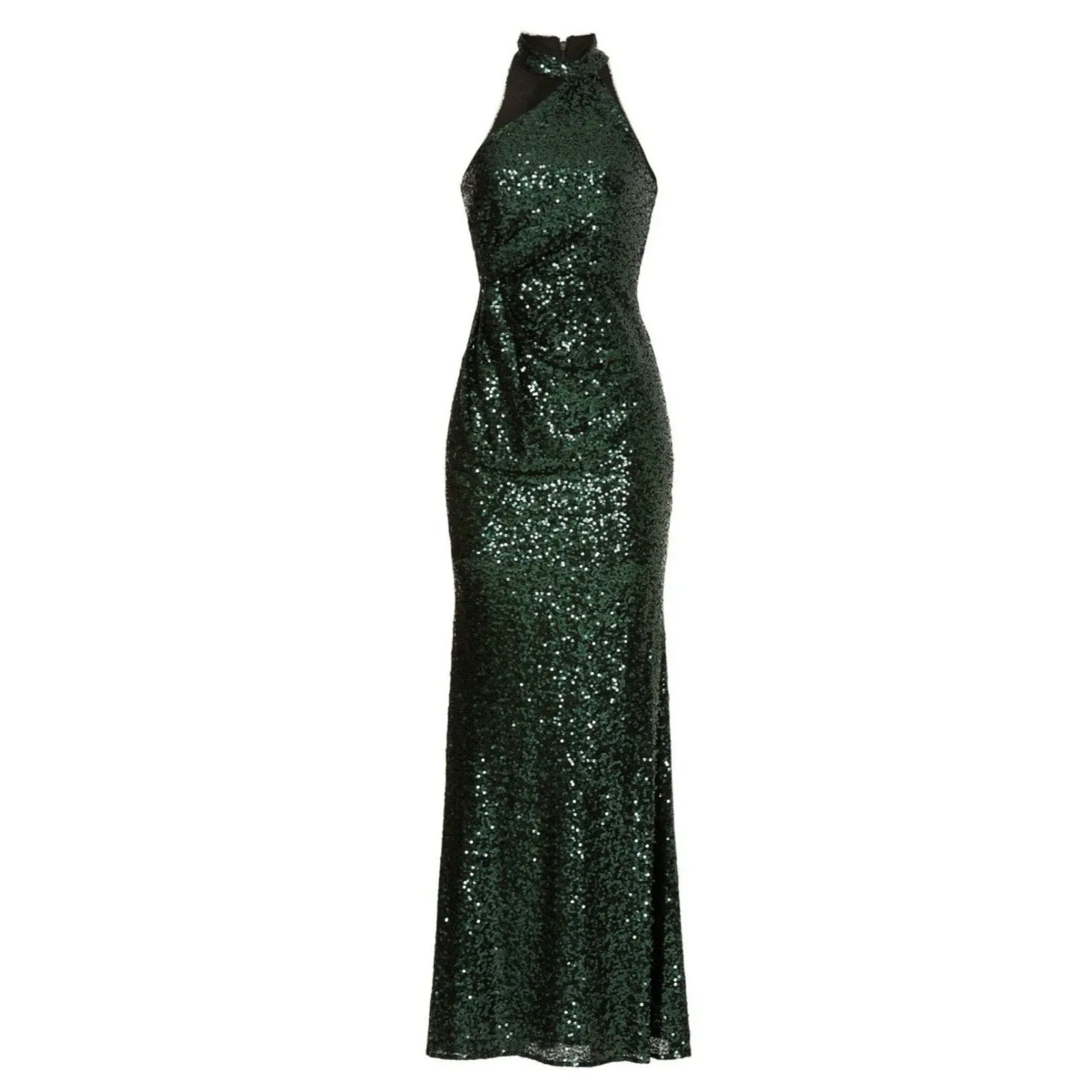 Badgley Mischka Emerald Sequin Asymmetrical Halter Gown Size 2 - Image 3