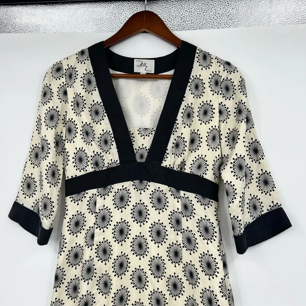 Milly 100% silk cream & black trim starburst 3/4 sleeve dress elegant size 2 - Image 12