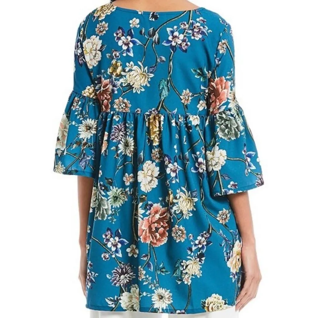 Bryn Walker Diego Tunic Size Small Floral Print Bell Sleeve Teal Blue Sz S New - Image 4