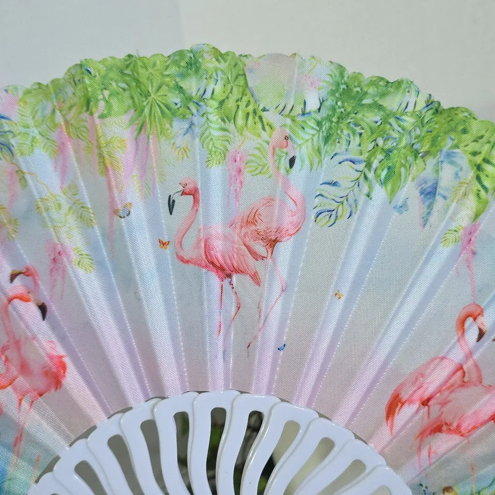 White and Pink Flamingo Floral Design Folding Hand Fan New - Image 3