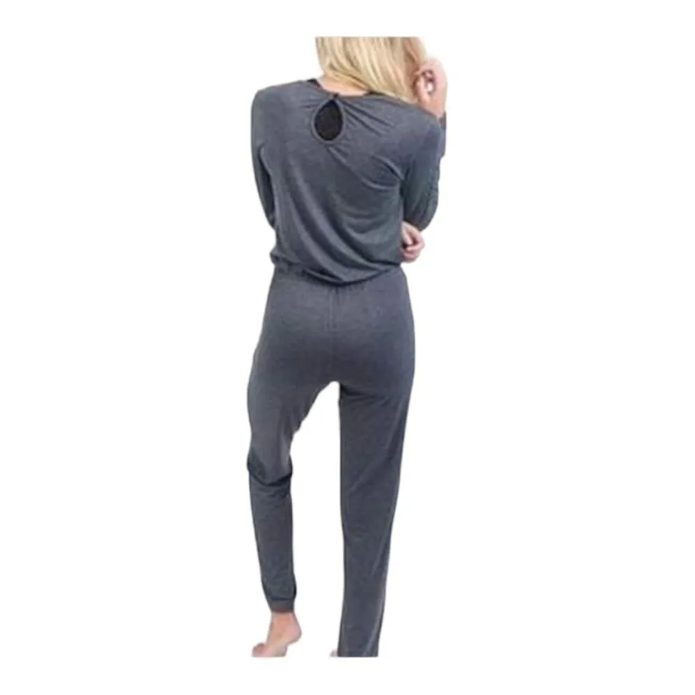 Zyia womens medium gray lounge jumpsuit long sleeve tie waist relaxed cute athle - Image 2