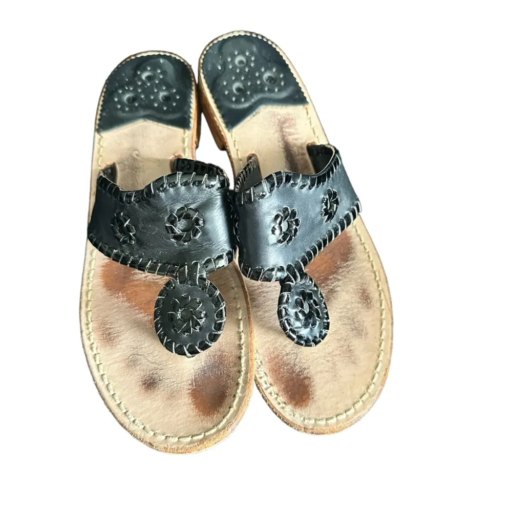 JACK ROGERS BLACK LEATHER WHIPSTITCH NAVAJO TOE POST THONG SANDALS - Image 4