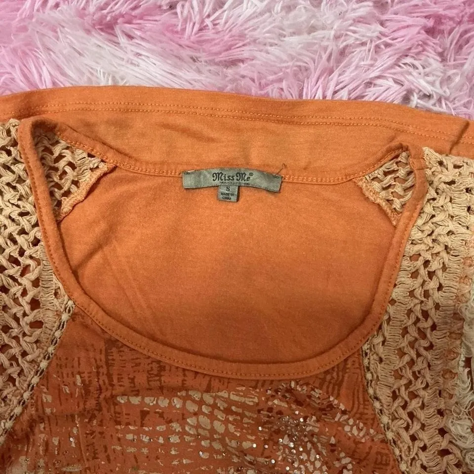 Y2K Miss Me Womens Tank Top Orange Gold Palm‎ Print Sleeveless Crochet Grunge - Image 3