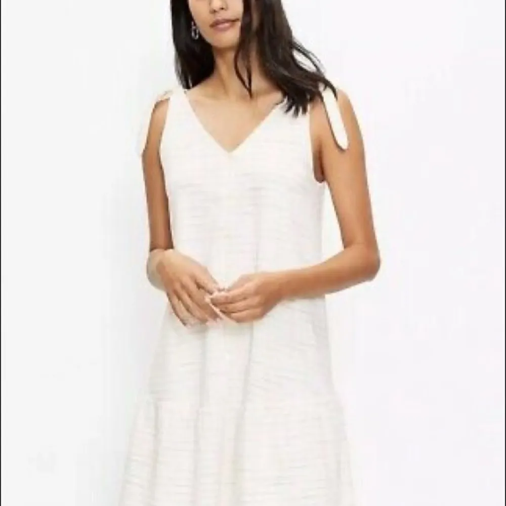 LOFT Bow Strap Button Front Linen Stripes Flounce Dress Ivory Multi-Color Medium - Image 2