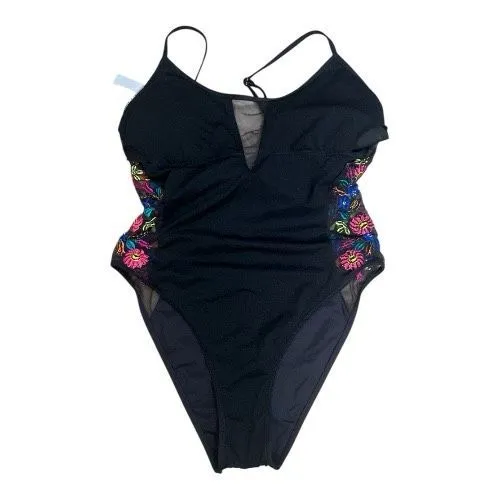 Kennet Cole Reaction Black Lace Floral Embroidered One Piece Swimwear Size M - Image 9