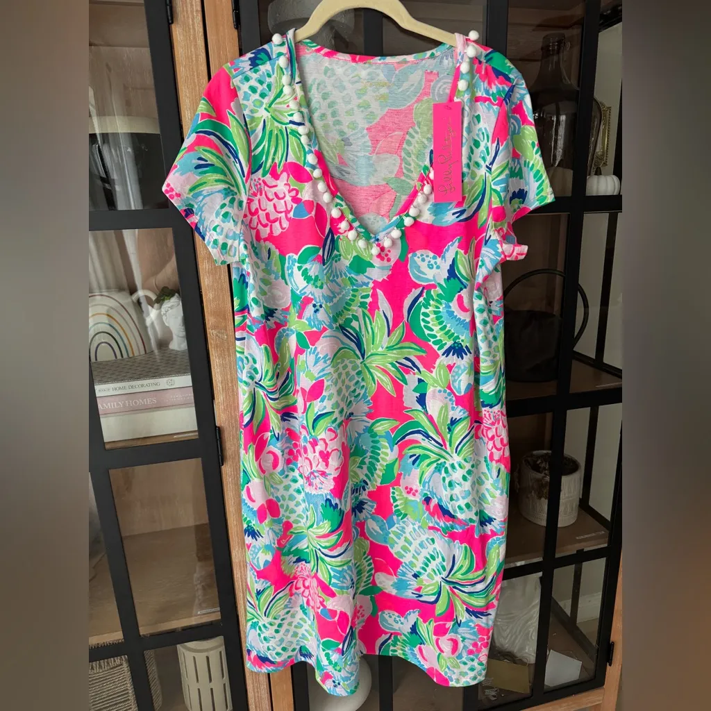 Lilly Pulitzer Etta VNeck Dress aline short sleeve colorful Raise The Bar pompom - Image 7