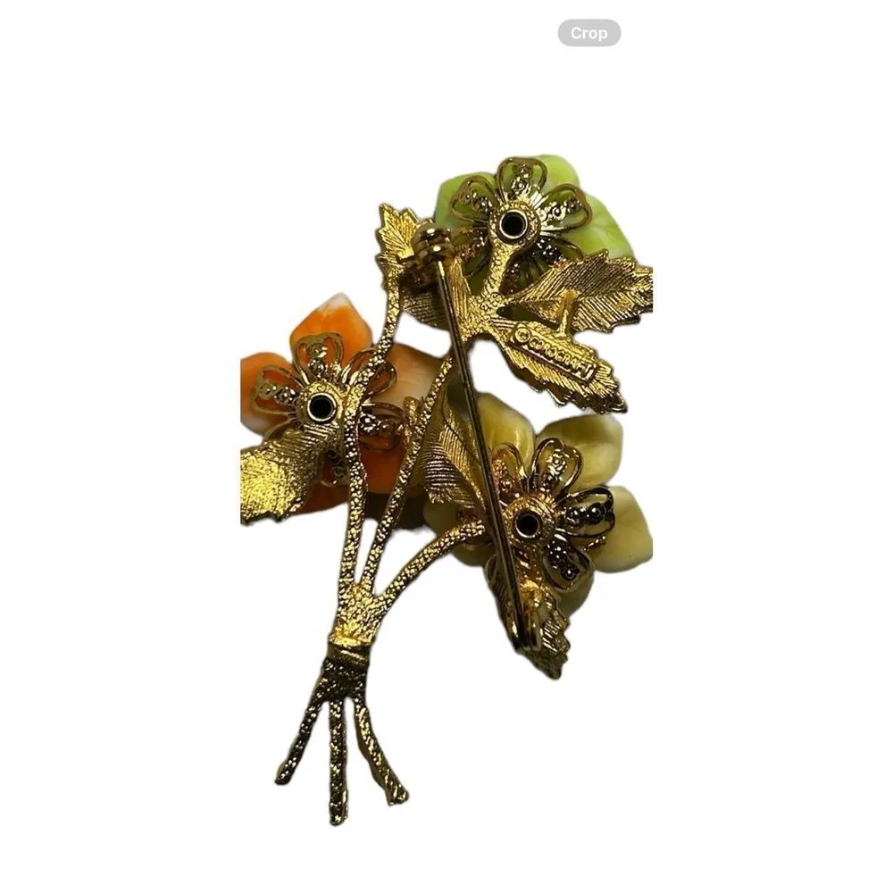 Corocraft signed brooch earrings flower bouquet glass petals vintage 1950s Beaut Gold - Image 6