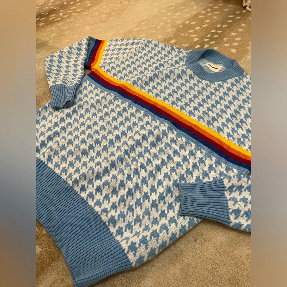 A Lot Studio light blue houndstooth rainbow stripe sweater women’s size medium - Image 3