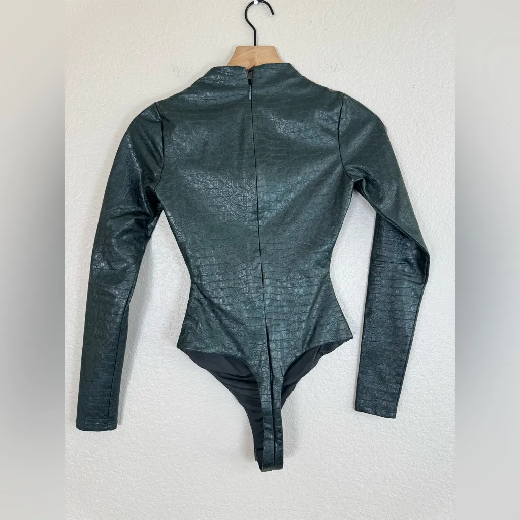 Naked Wardrobe Crocodile Collection Faux Leather Long Sleeve Bodysuit Green XS - Image 9