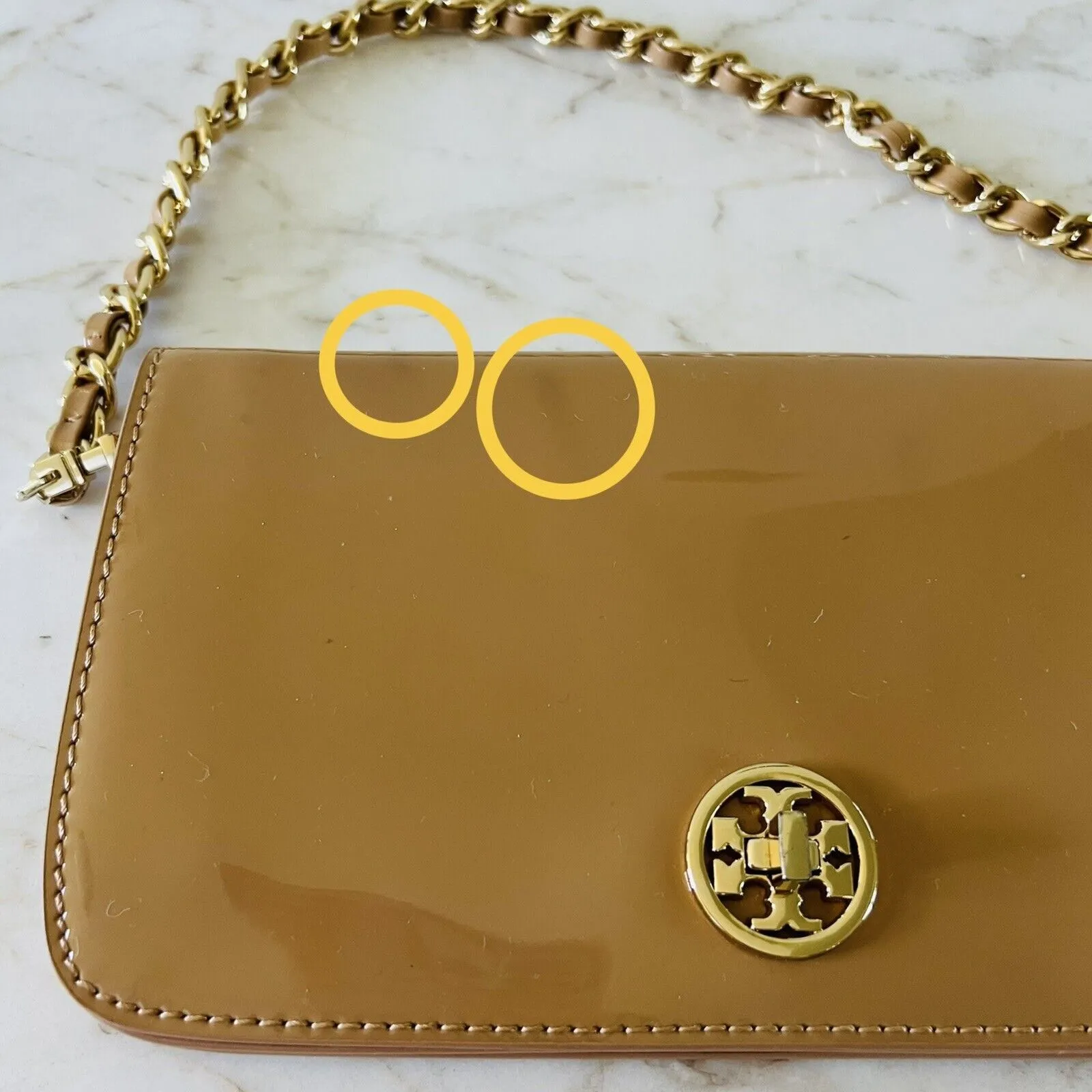 TORY BURCH Tan Patent Leather Gold Braided Chain Strap Clutch Shoulder Bag - Image 4