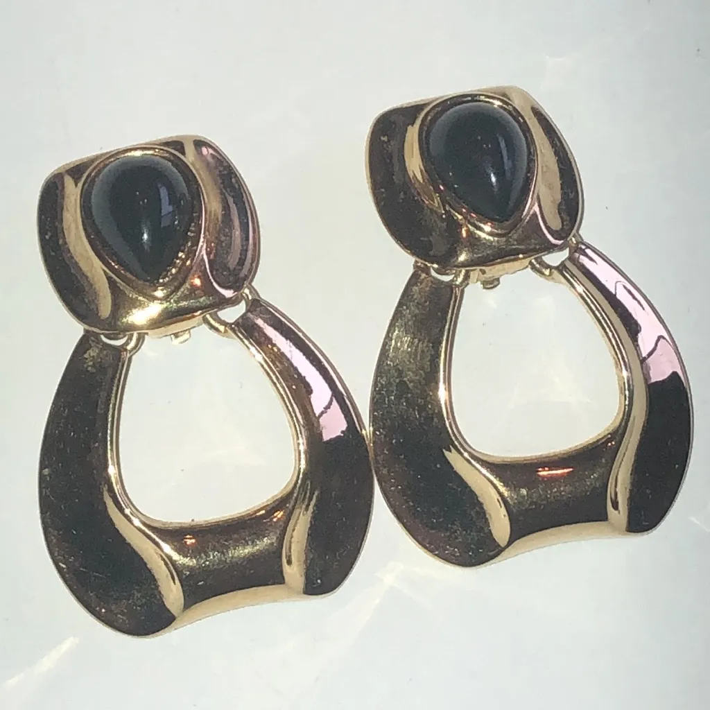 Givenchy Vintage Gold Tone and Black Clip On Door Knocker Statement Earrings - Image 2