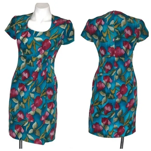 PAPELL Petites 100% Silk Turquoise Teal Floral Sheath Dress Size 2P Vintage - Image 12
