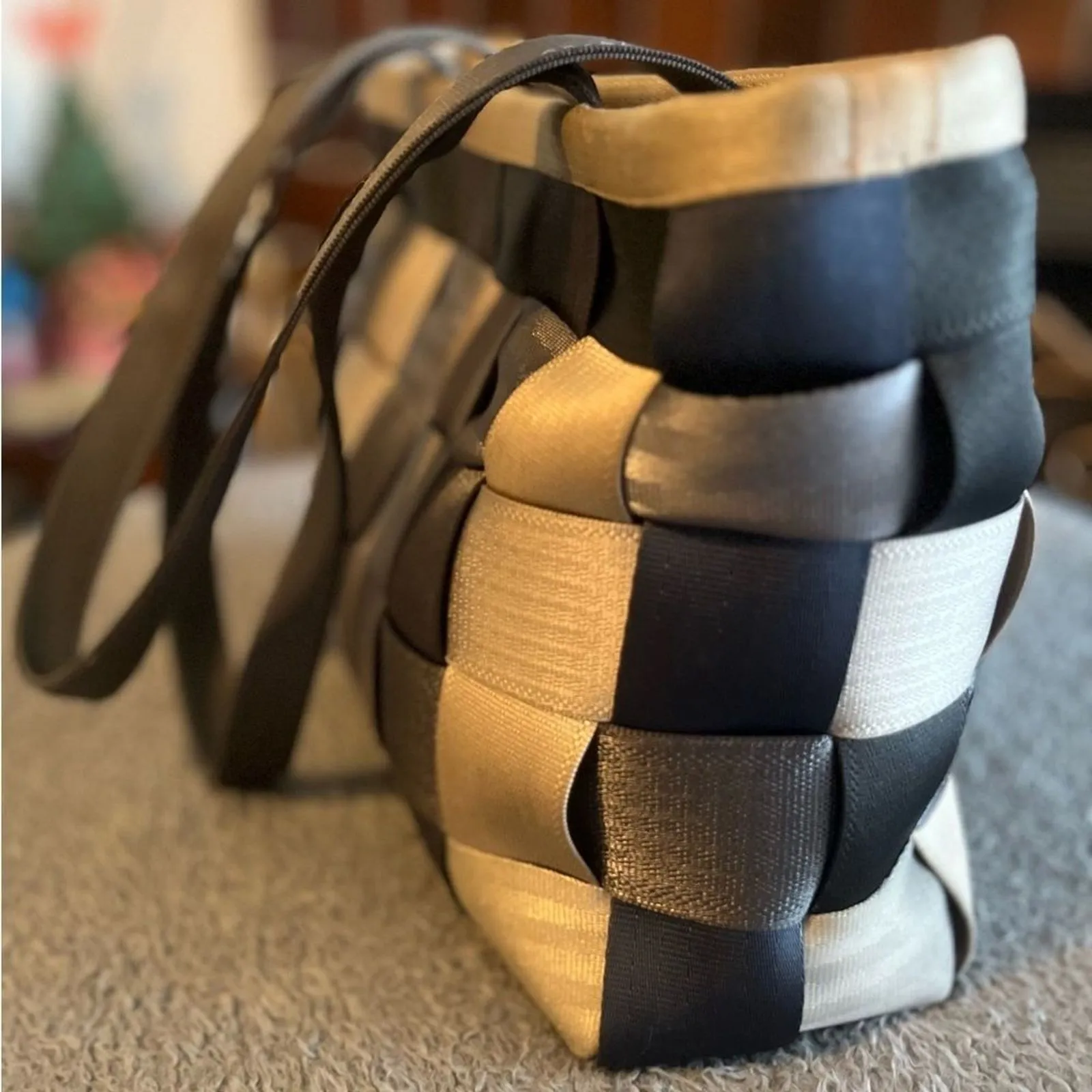 Vintage Harvey's Original Seatbelt Bag Treecycle Tote Double Handles Brown - Image 3