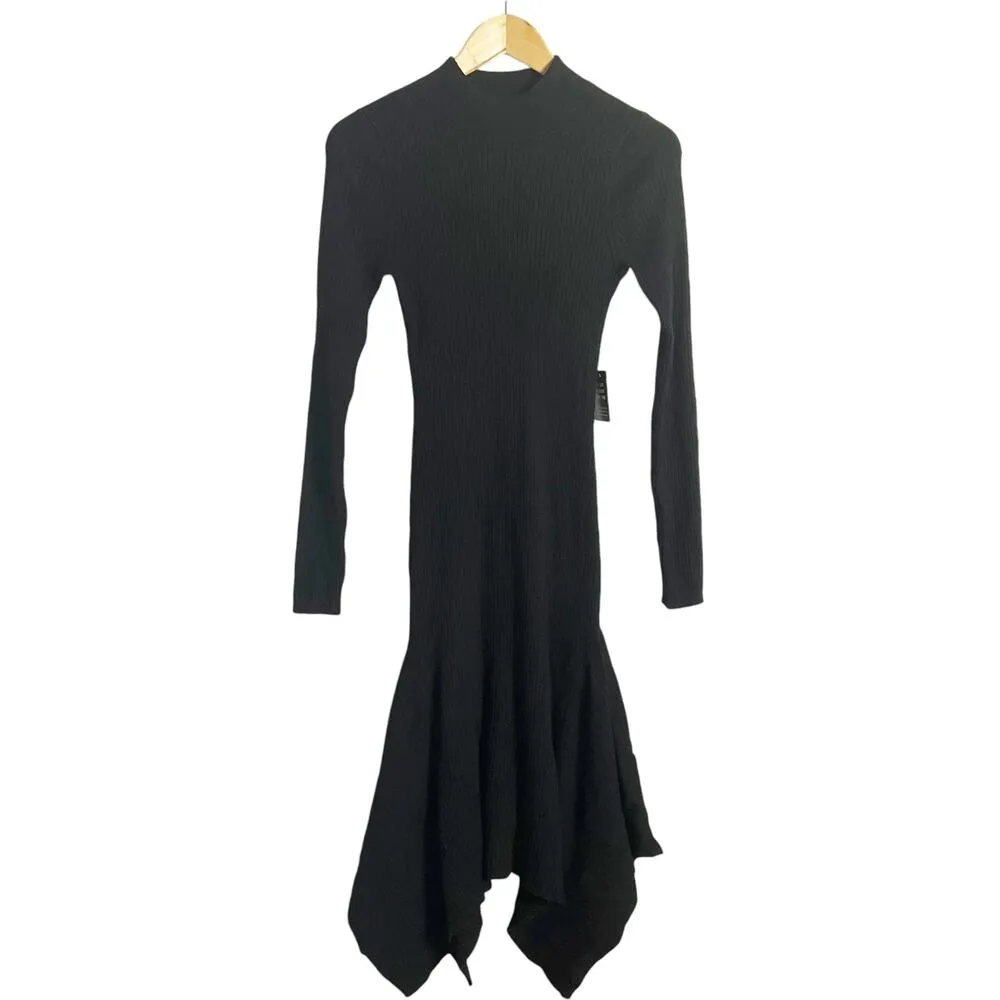 Express Black Ribbed Knit Long Sleeve Mock Neck Asymmetric Sweater Midi Dress M - Image 3