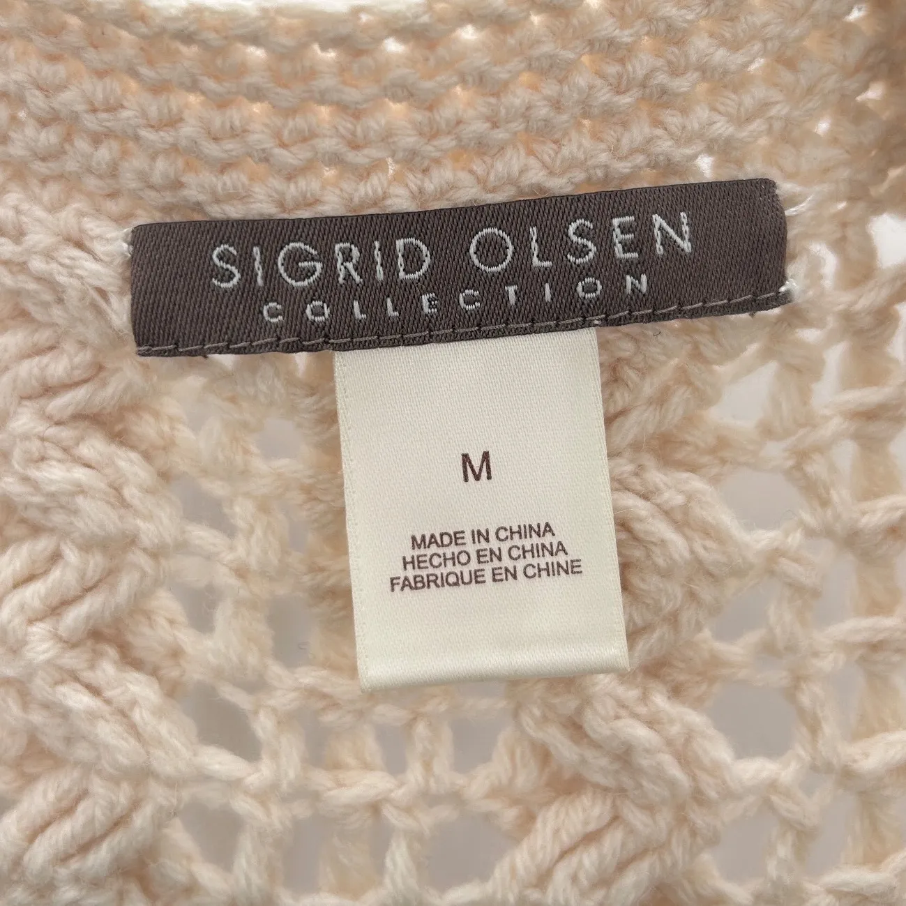 Sigrid Olsen Cream Wool Open Knit Rhinestone Fringe Cardigan Sweater Medium - Image 4