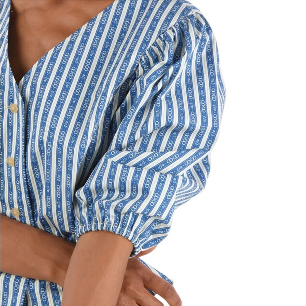 Tory Burch Gemini Link Striped Blue White Short Puff-Sleeve top 6 - Image 3