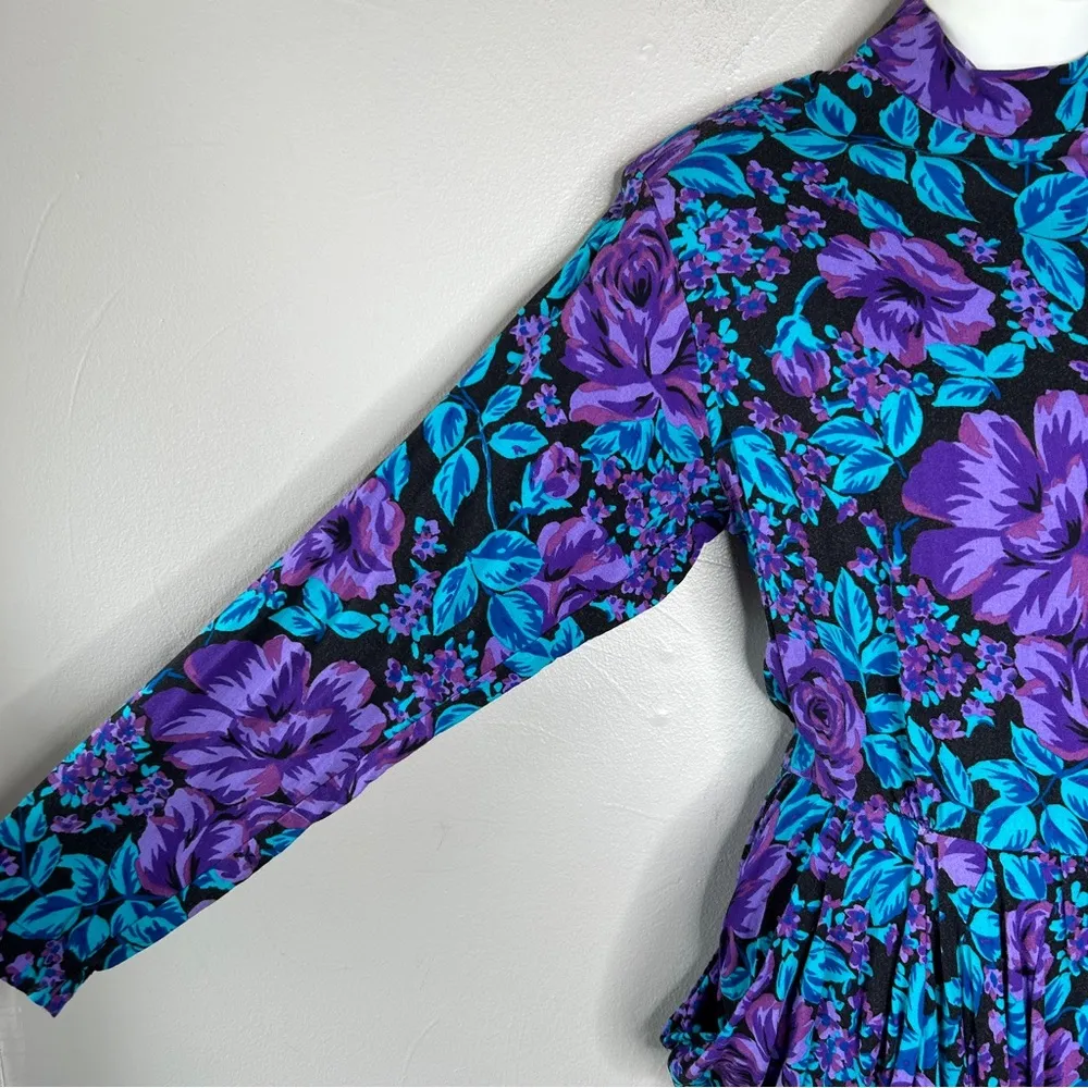 Vintage Black Blue Purple Floral Garden Rose Ruched Dress Size undefined - Image 5