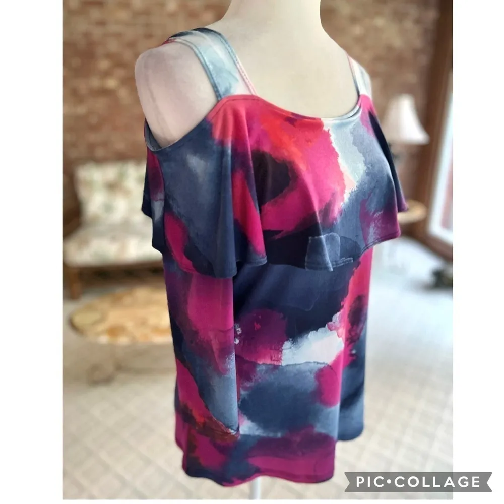 Clara Sun Woo Top Cold Off the Shoulder Blue Pink Top XS Jersey Knit Cocktail - Image 12