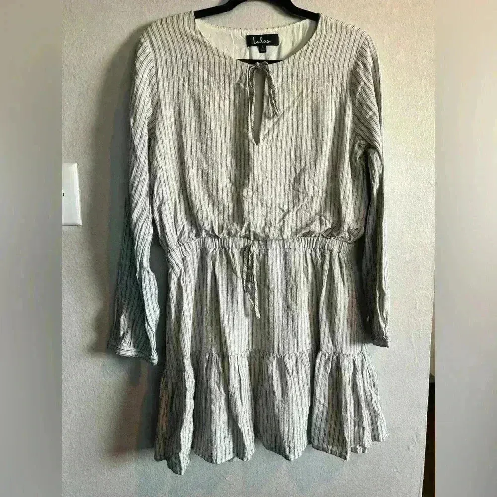 Lulus A Walk In the Park Beige Striped Long Sleeve Skater Dress Size Large - Image 3