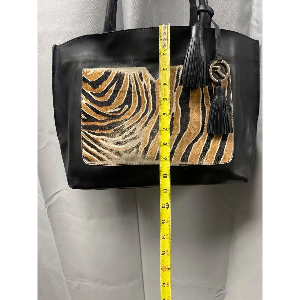 Varriale Women's Black Leather Tote Bag with Leopard Print Large 2136 - Image 5