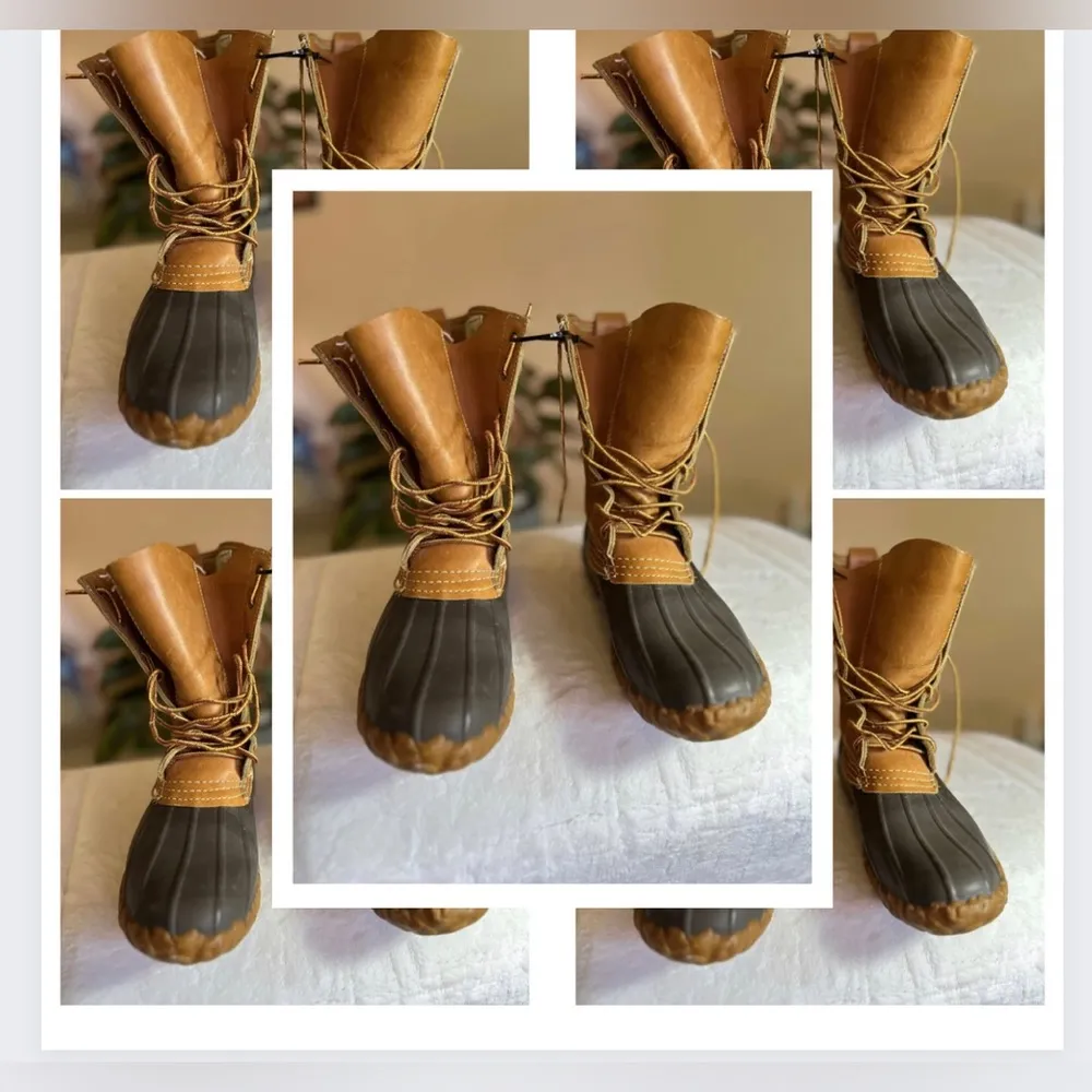 LL Bean 8" Tan Leather Blue 212880 Unlined USA Made Duck Boots US unixes size L8 - Image 4