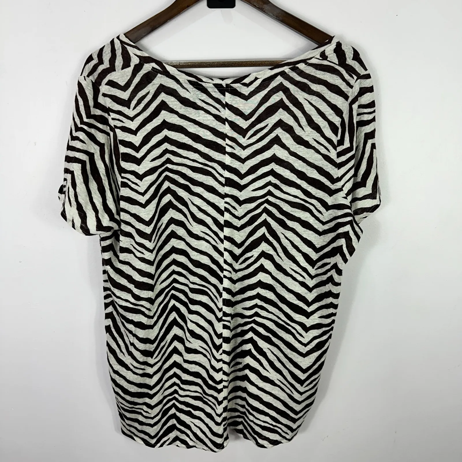 Tahari Top 1X Brown White Zebra Print 100% Linen Safari Chic Resort Boho Coastal - Image 5