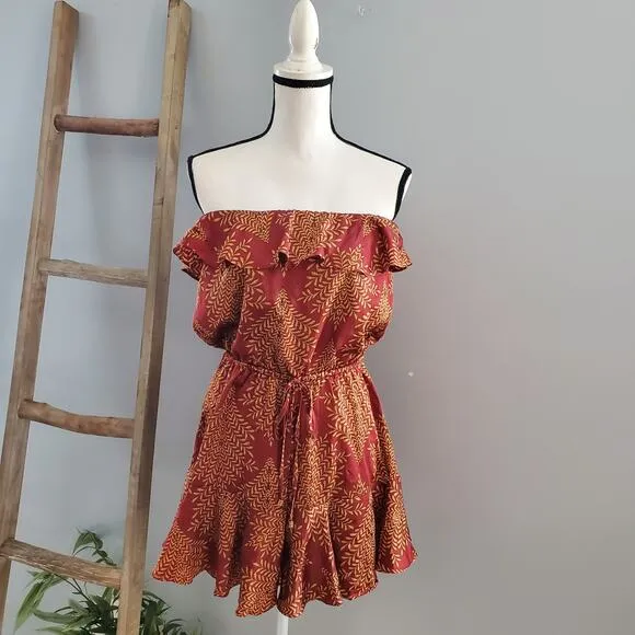 Here Comes The Sun Red Gold Strapless Ruffle Romper Size M - Image 2