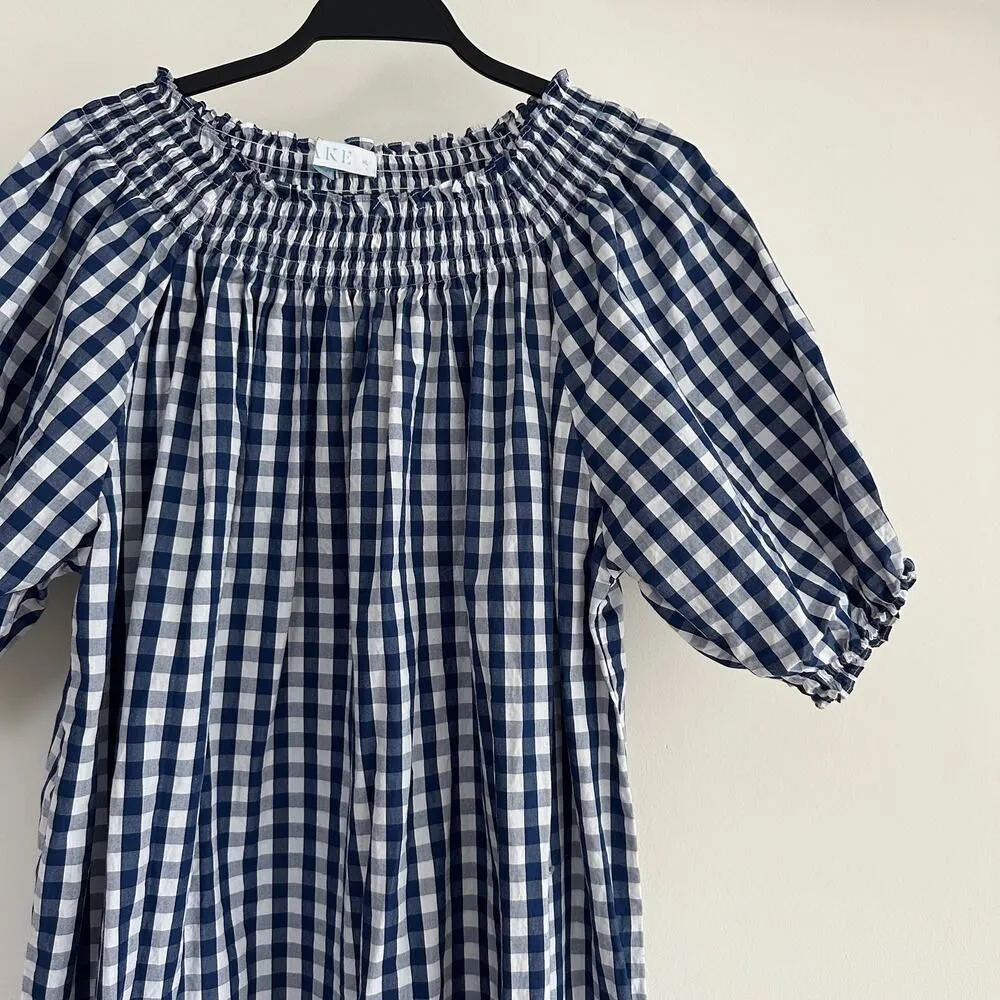 LAKE Veranda Dress XL Smocked Navy White Gingham Plaid Check Cotton Cottage Blue - Image 4