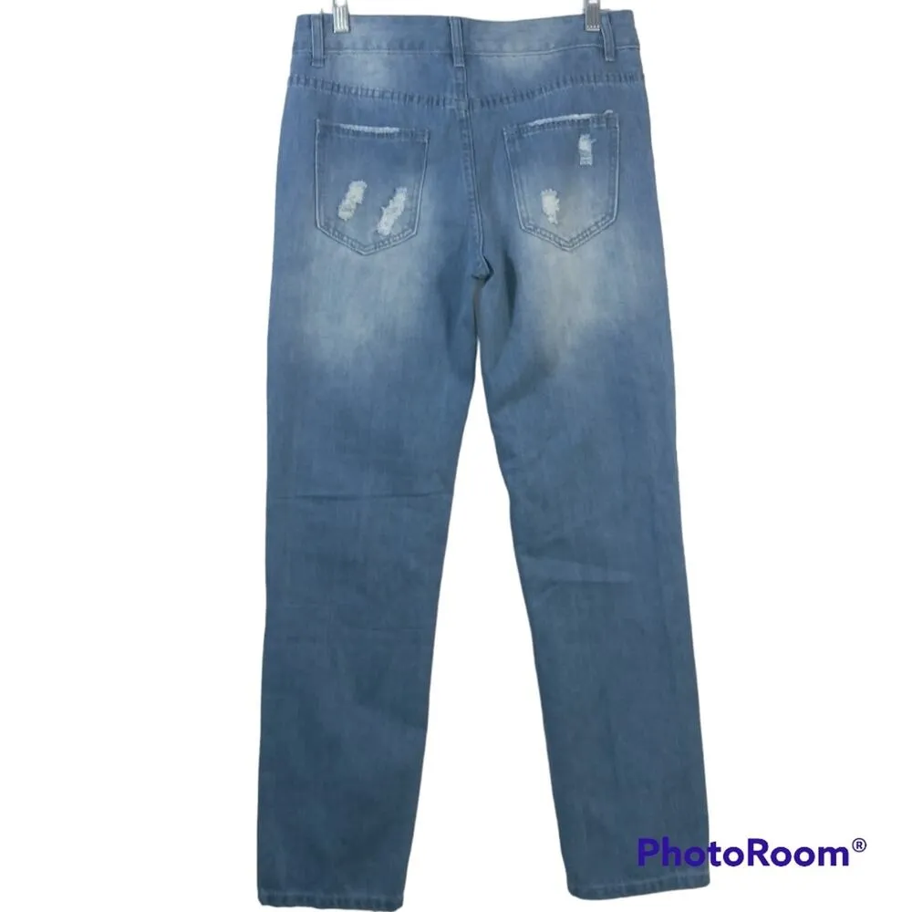 Sheilay High Waisted Ripped Leopard Patchwork Destroyed Jeans Size M Blue - Image 2