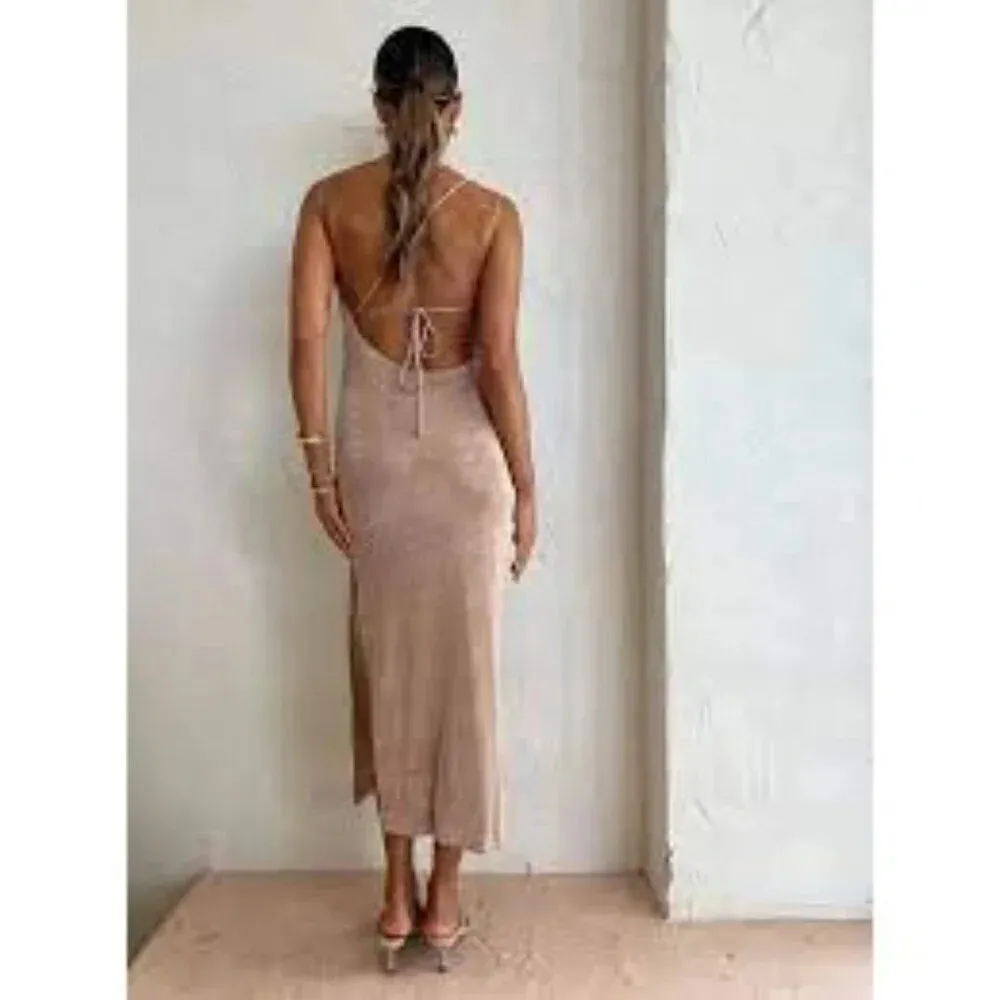 Third Form Heavy Metal Knit Slip Dress in Rose Gold 2 Womens Midi Semi Sheer Pink - Image 10