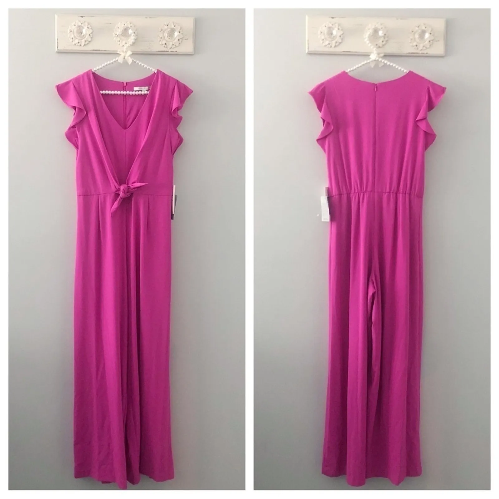 Julia Jordan Fuchsia Pink V Neck Tie Waist Jumpsuit NEW - Image 2
