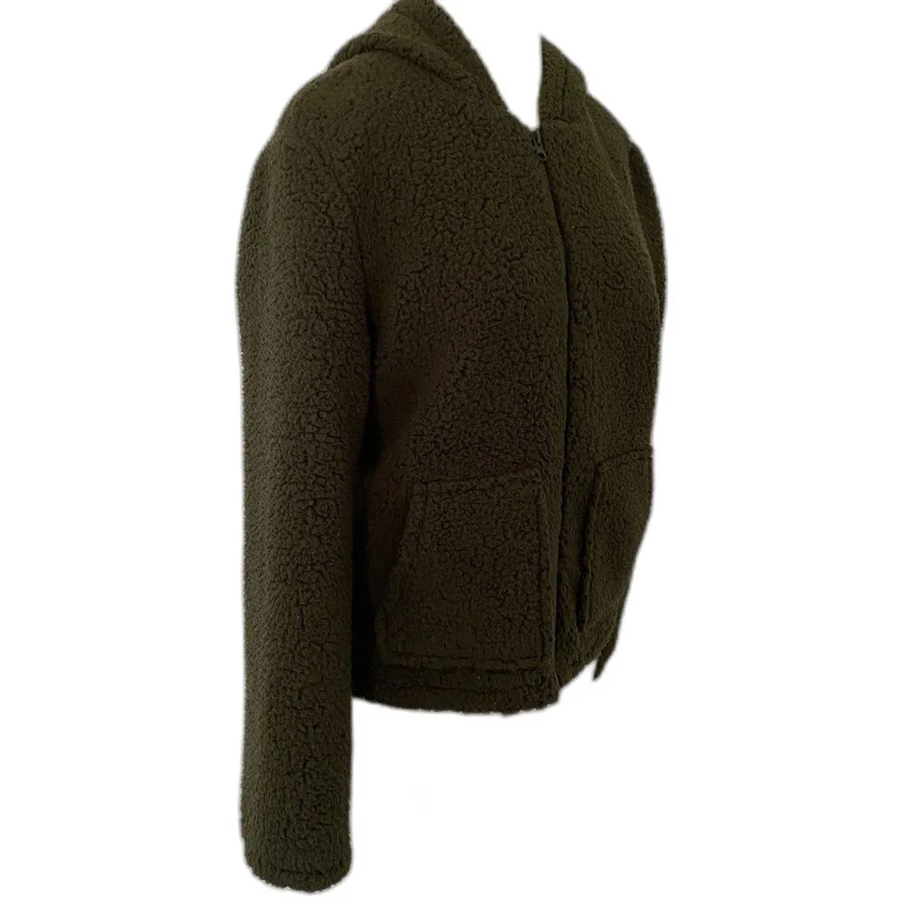 Ci Sono Faux Fur Olive Green Zippered Hooded Jacket Soft Plush Warm Cozy Sz L - Image 9