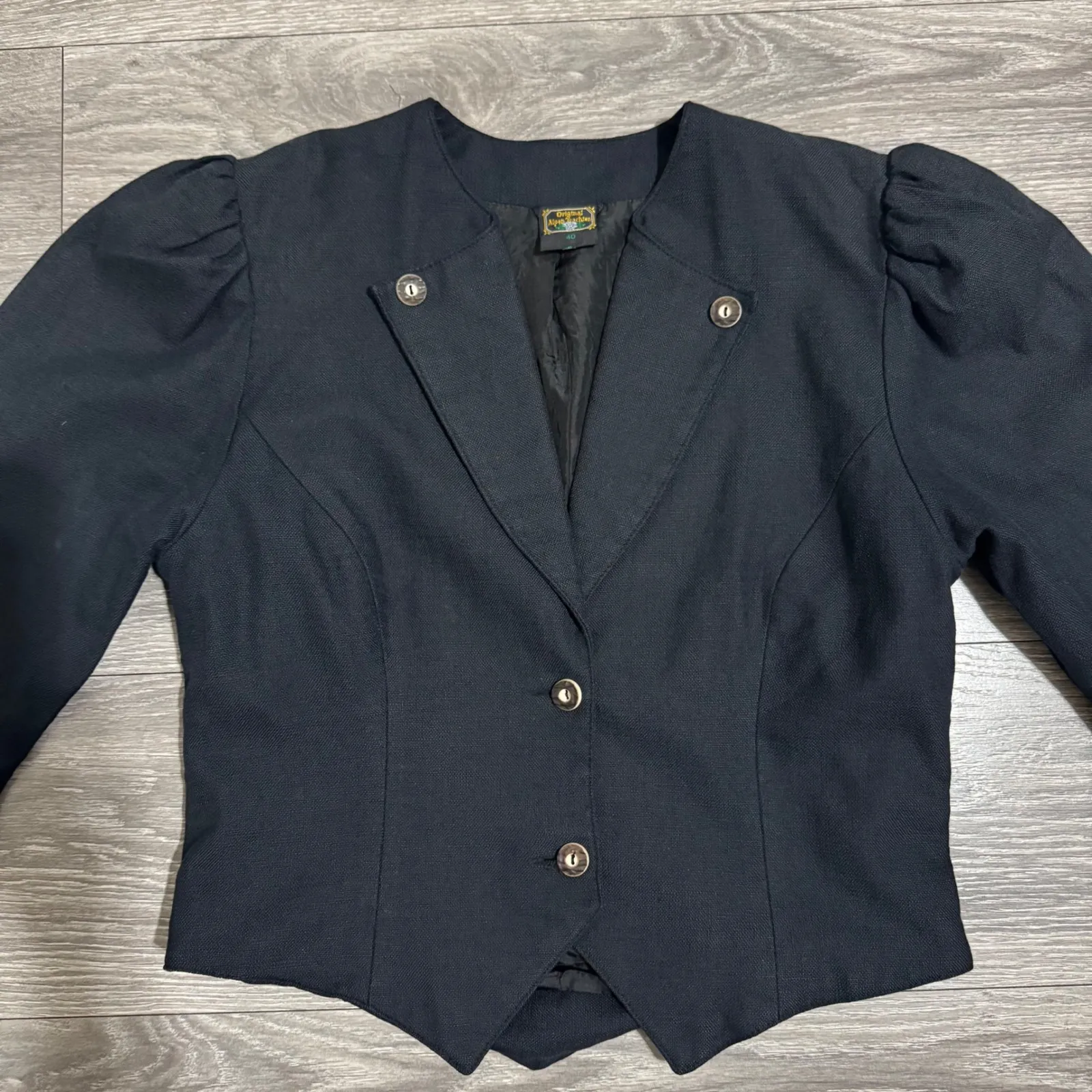 Vintage Original Alpen Trachten Cropped Jacket Blazer Puff Sleeve Tailored Sz 40 Black - Image 8
