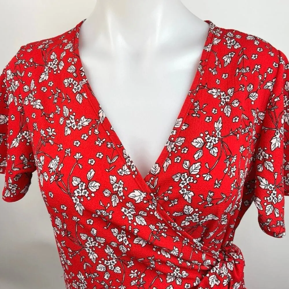 Women's Red White V Neck Short Sleeve Ruffle A Line Mini Dress Size S - Image 3