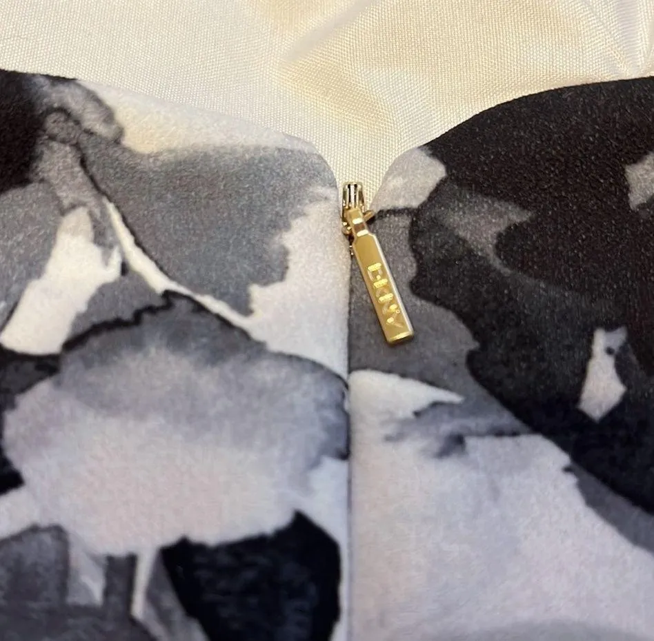 DKNY Watercolor Floral Sleeveless Jewel Neck Black Gray White Cocktail Dress - Image 9