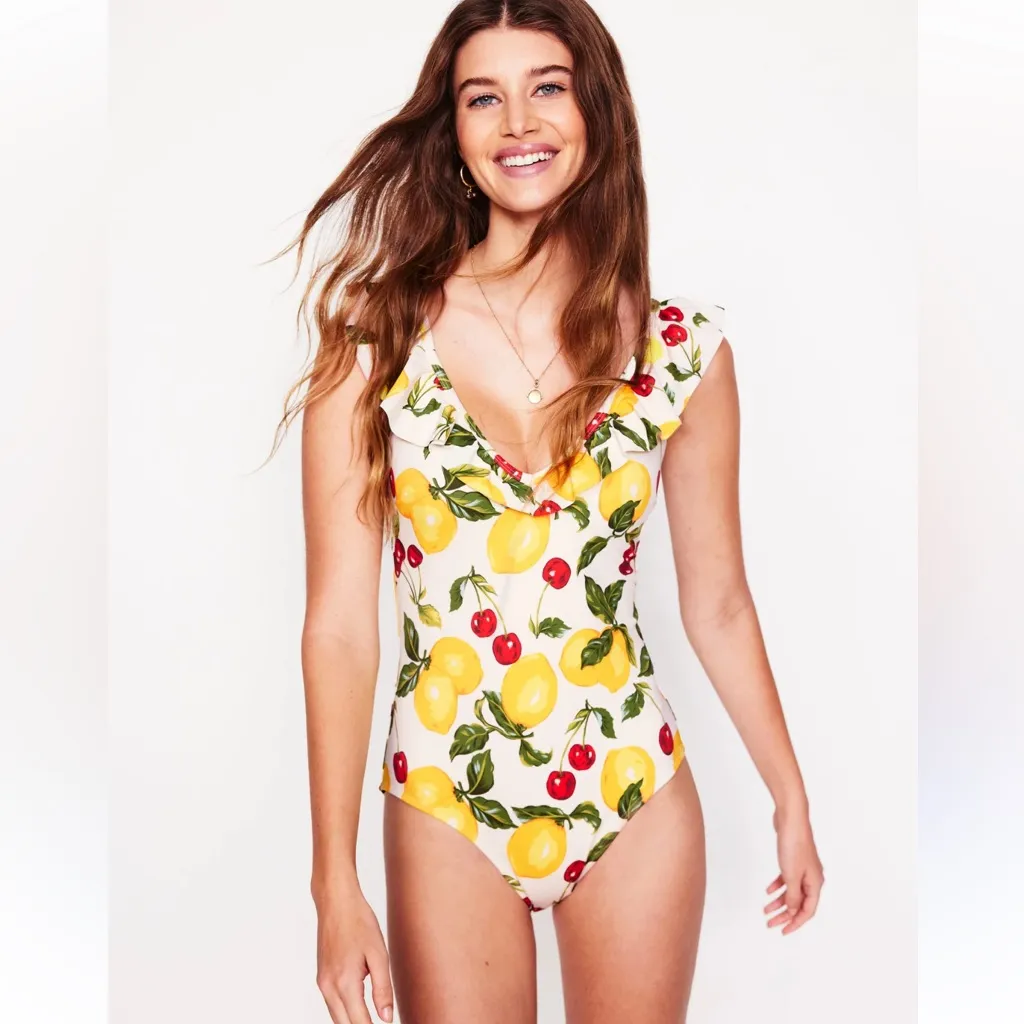 Boden Evia Ruffle One Piece Swimsuit in Ivory Cherries & Lemons Size US 8 Red - Image 2