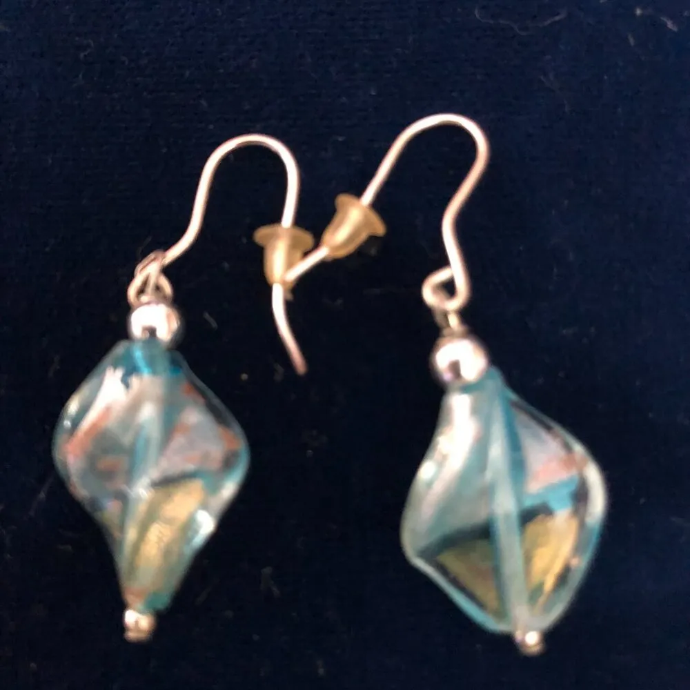 Hand Made Mouth Blown Glass Drop Earrings Swirled Murano style unique 1" x 2" Blue - Image 3